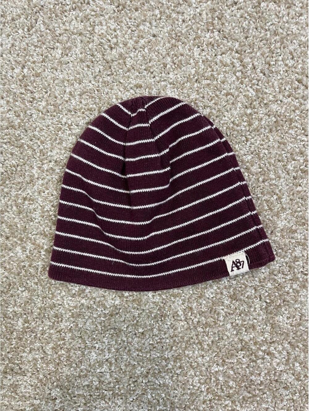 Y2K Beanie Knit Skull Cap Hat MAROON/White STRIPES